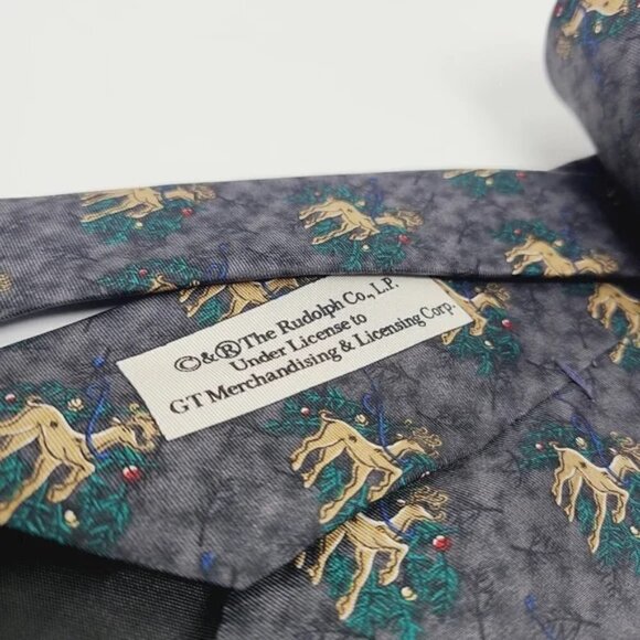 Rudolph Company | Men's Gray Reindeer & Mistletoe Print Christmas or Holiday Tie - Picture 3 of 10